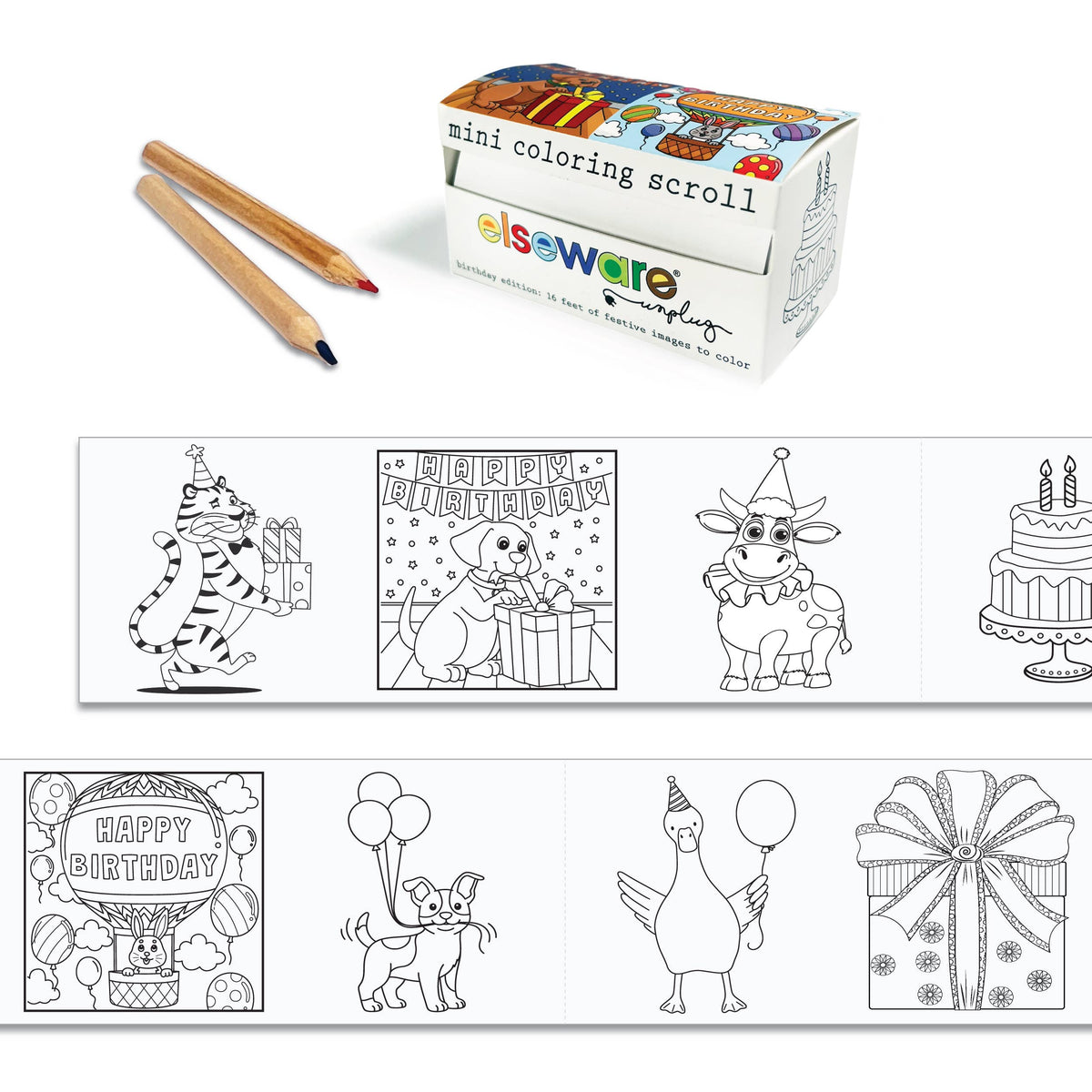 Coloring scroll set with coloring pages, pencils, and packaging on a white background