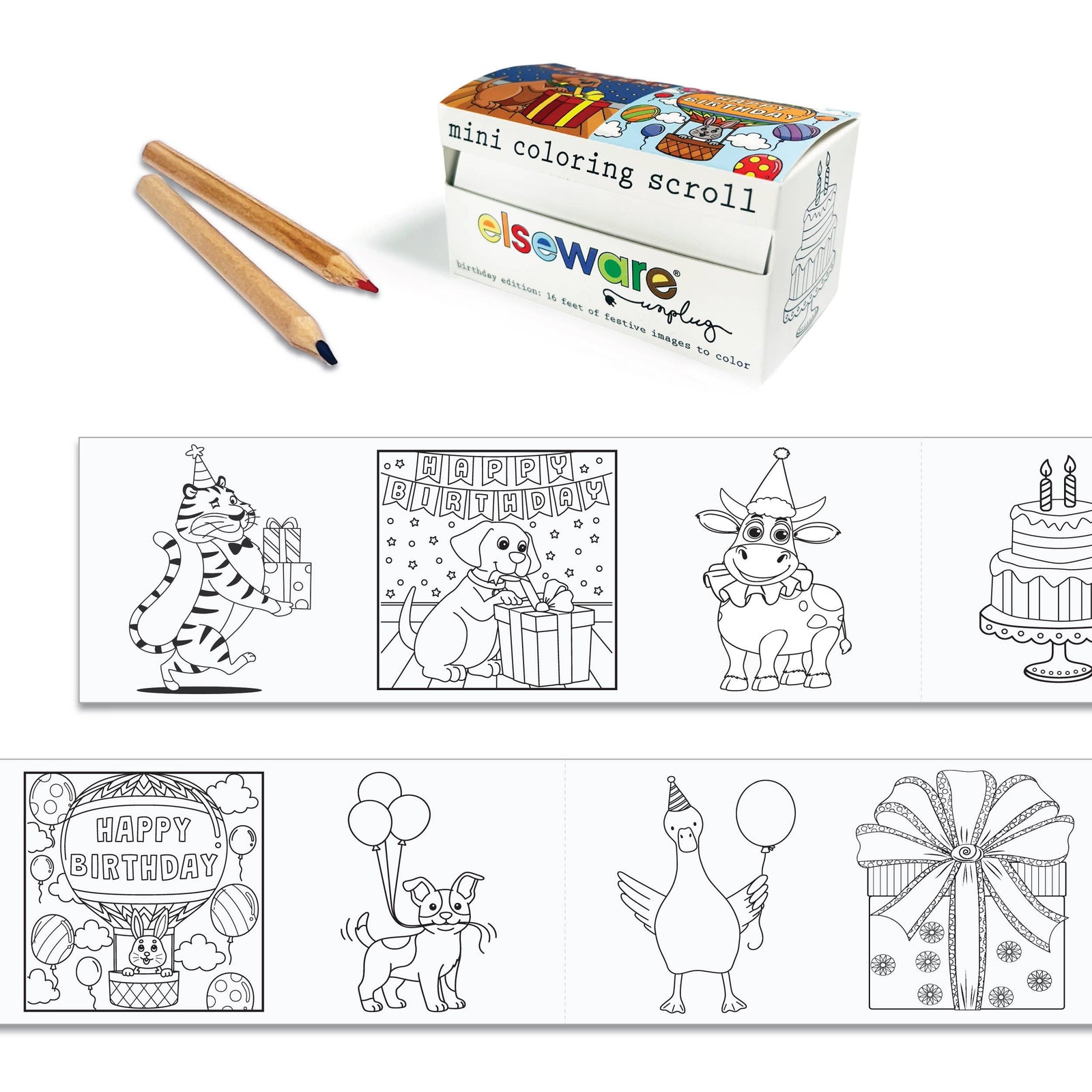 Coloring scroll set with coloring pages, pencils, and packaging on a white background