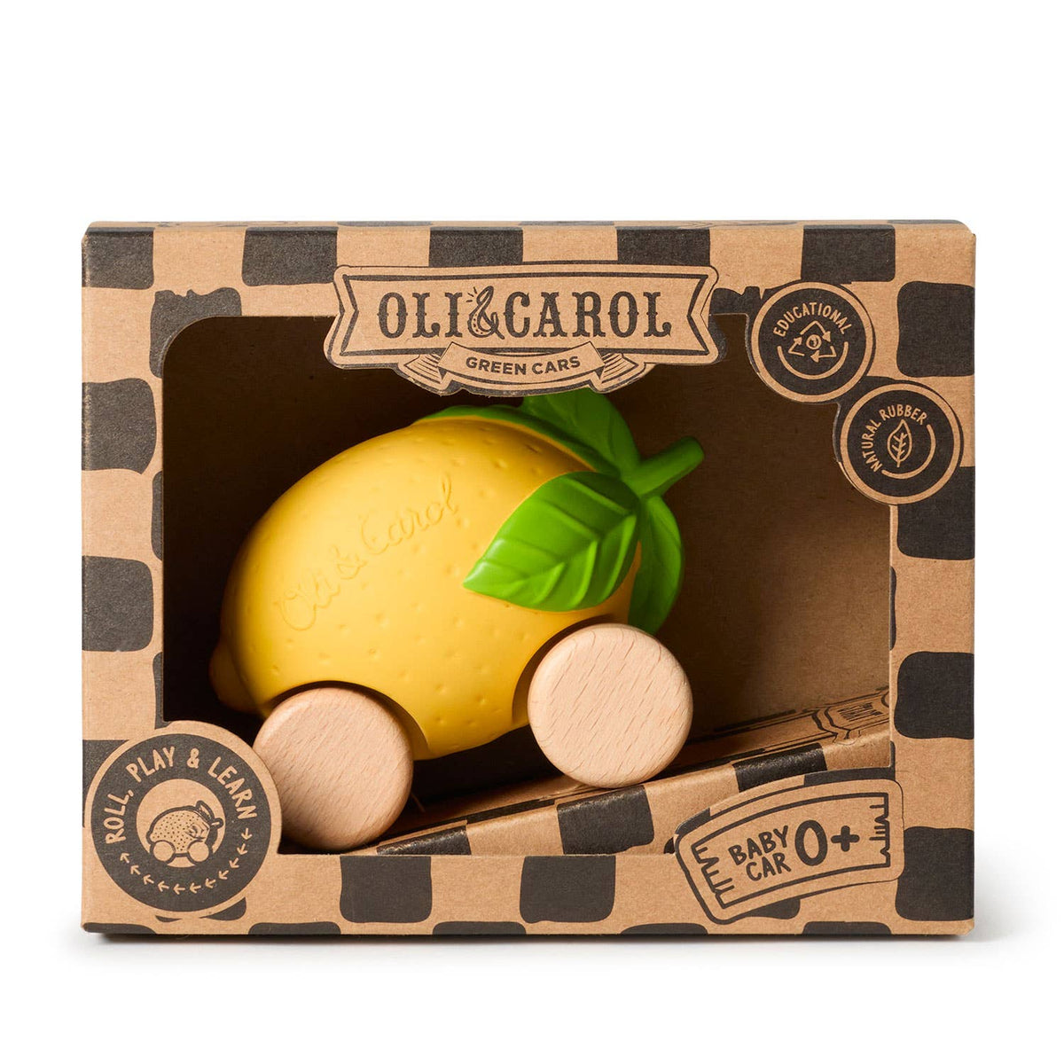 Yellow toy car with green leaves in a branded box by Oli &amp; Carol