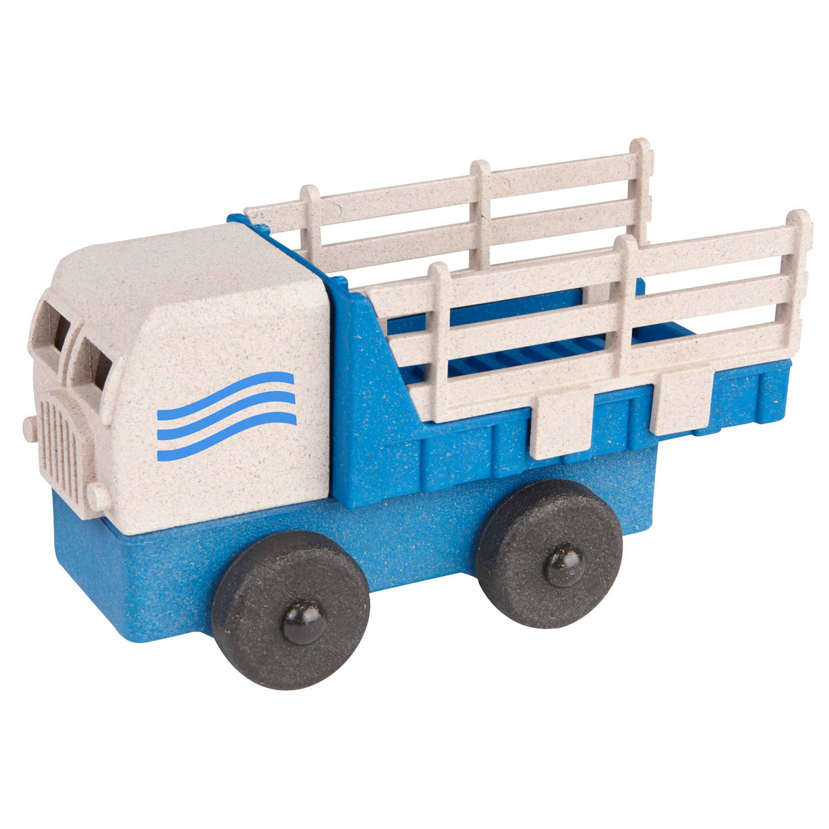 Toy truck with a blue bed and beige cabin on a white background