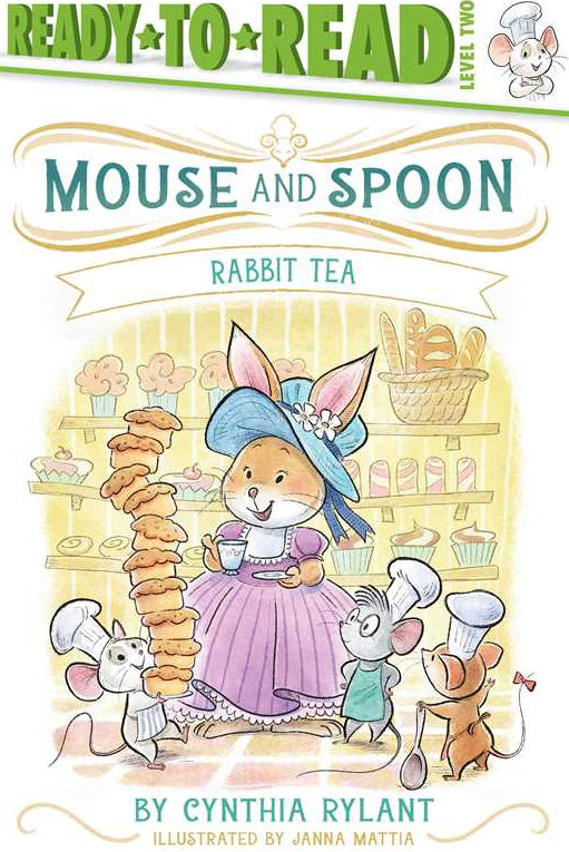 Book cover of 'Mouse and Spoon: Rabbit Tea' with a cartoon rabbit and mice in a bakery setting.