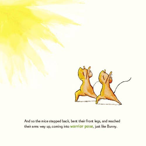 Illustration of a rabbit and two dogs with a bird flying by, set against a bright yellow sun.