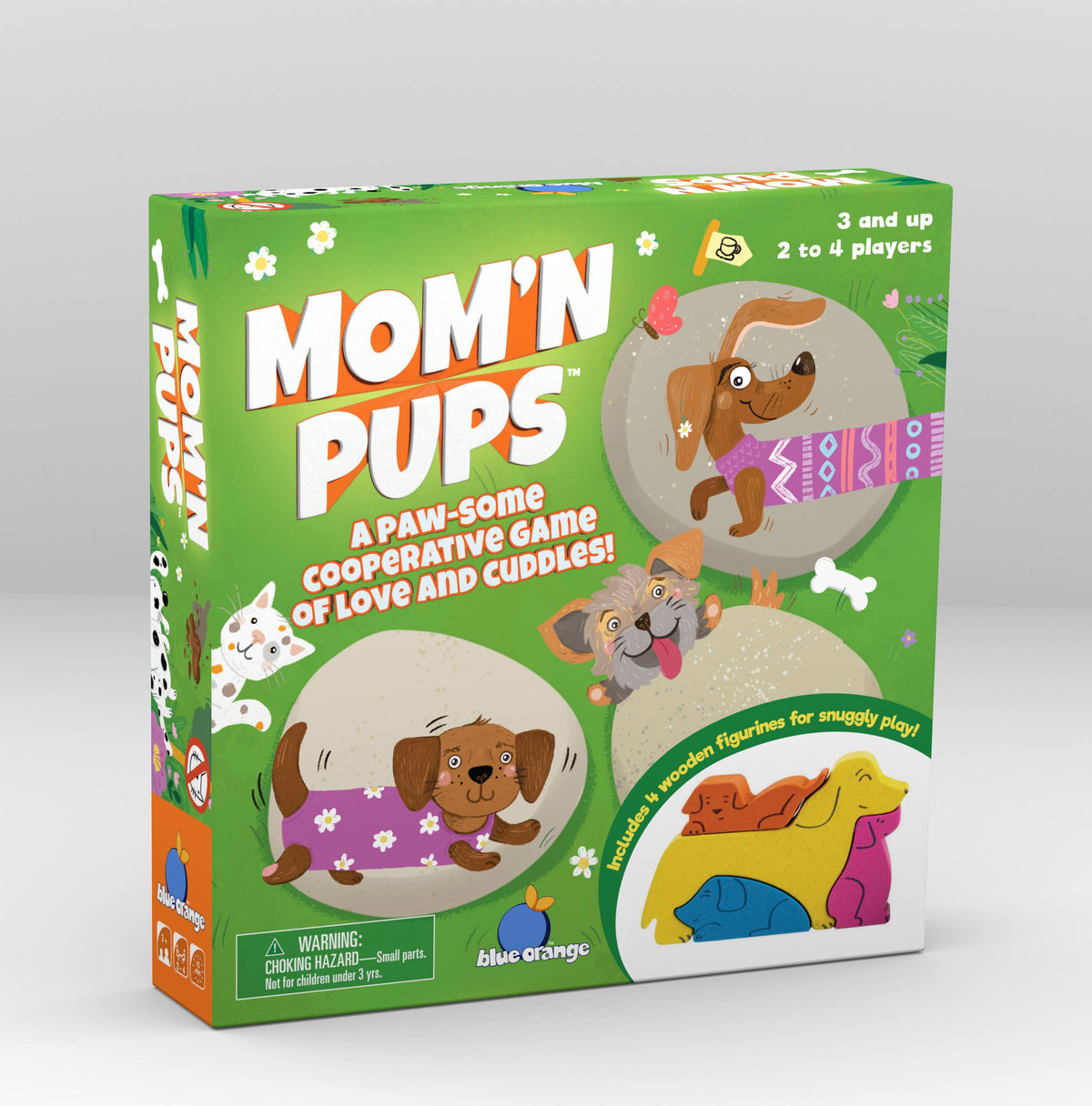 Board game box titled 'Mom'n Pups' with colorful illustrations of dogs on a green background.