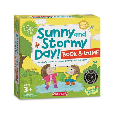 Sunny and Stormy Day! Book & Game box with cartoon characters on a white background