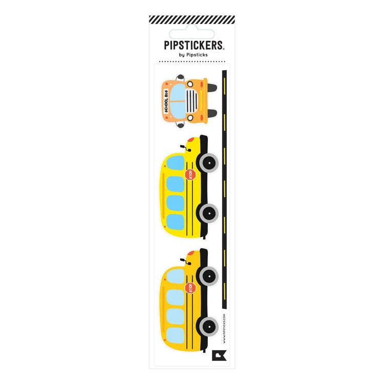 Packaging of PipStickers with school bus designs on a white background