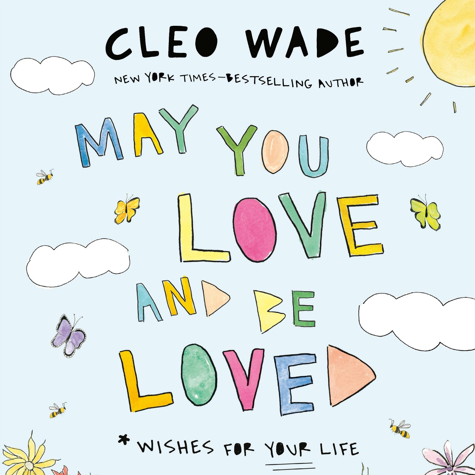 Book cover with colorful text and illustrations of flowers, butterflies, and a sun.