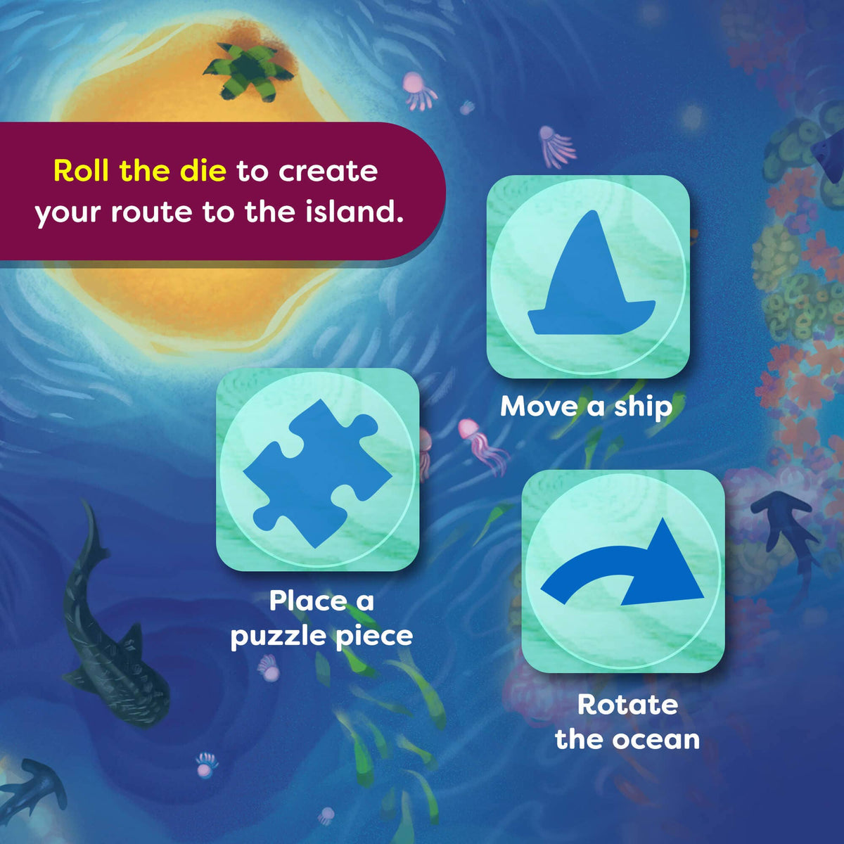 Gameboard with underwater theme and die, ship, puzzle piece, and ocean rotation icons.