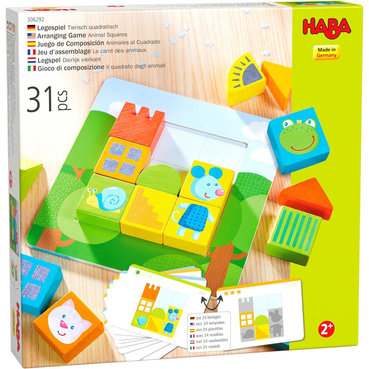 HABA arranging game packaging with colorful animal blocks and cards on a wooden surface