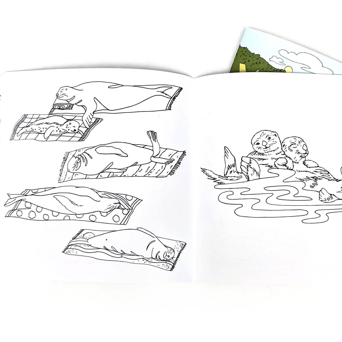Set of coloring pages with illustrations of children and animals, including seals and a boat.