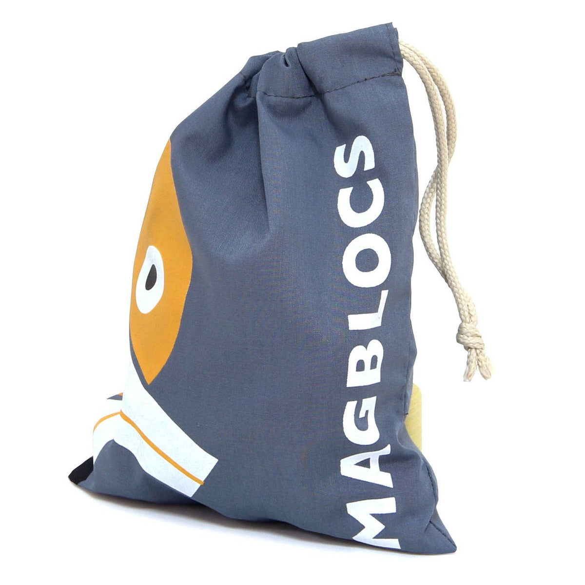Gray drawstring bag with a fish design and 'MAGBLOCS' branding on a white background