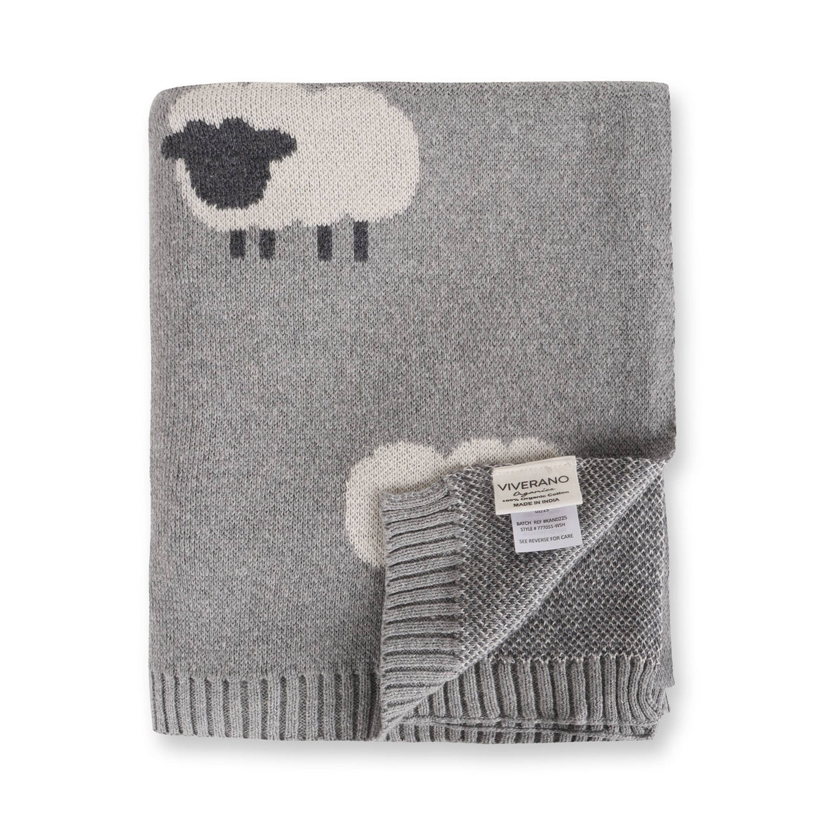Gray knit blanket with sheep design and Viverano label on a white background