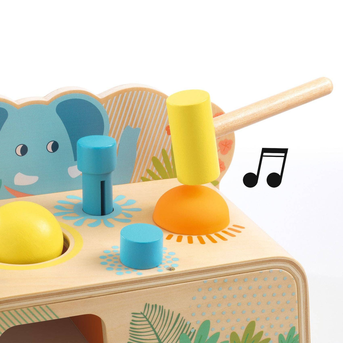 Wooden toy with colorful shapes and a mallet, featuring an elephant design on a white background.