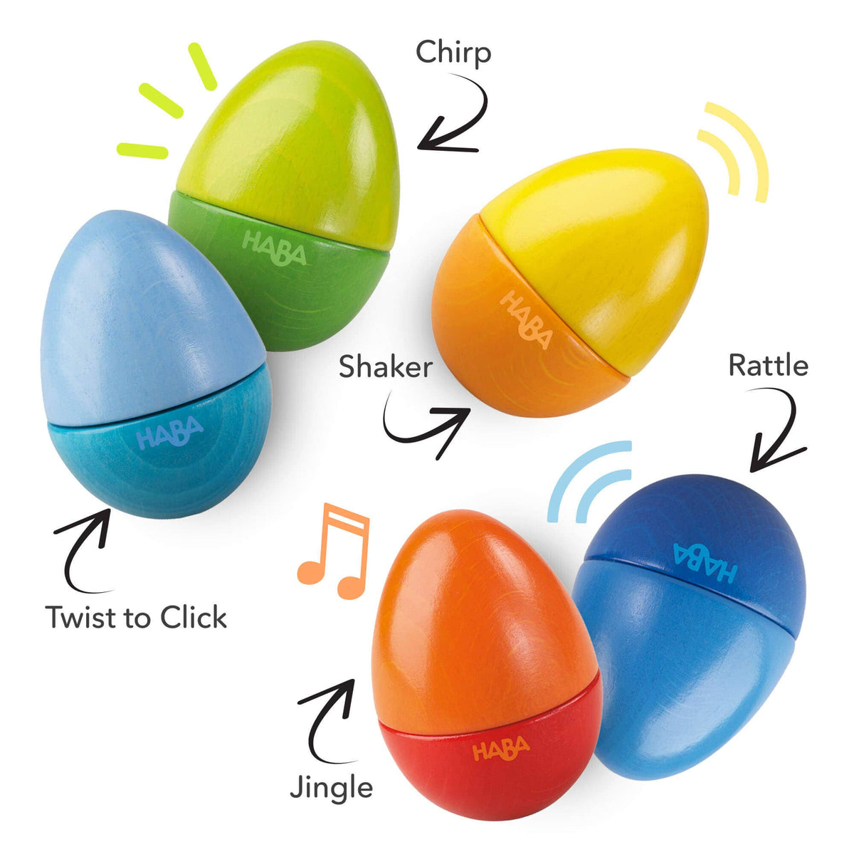 Colorful HABA toy eggs with features labeled on a white background