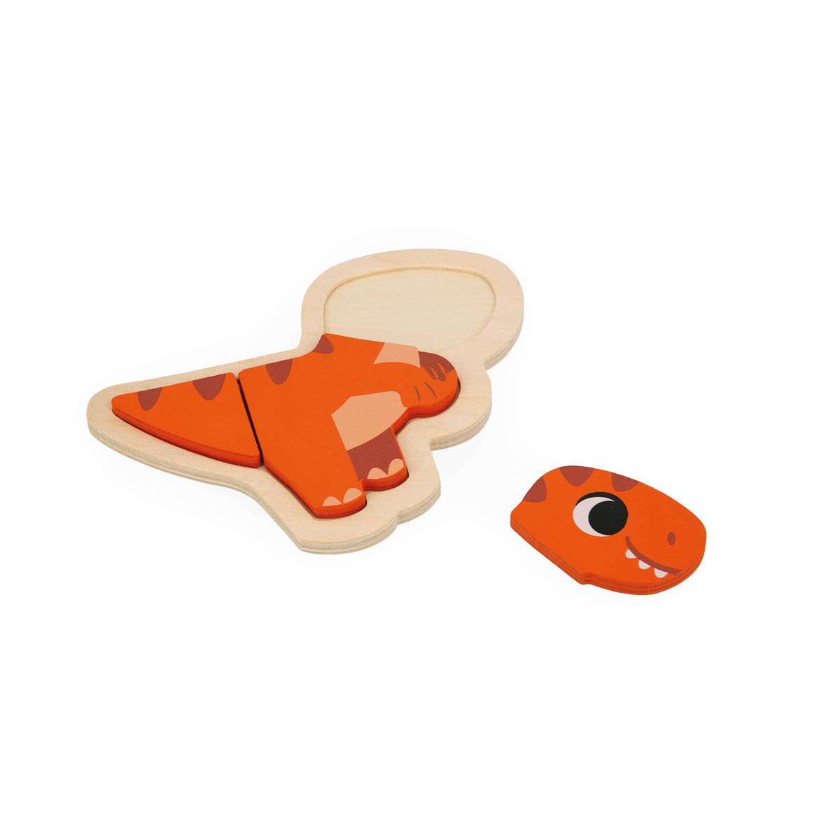 Wooden dinosaur puzzle with orange body and beige back on a white background