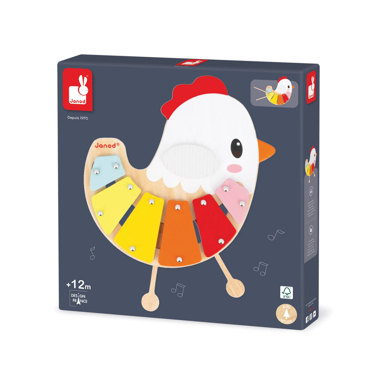 Toy packaging with a colorful chicken design on a blue background