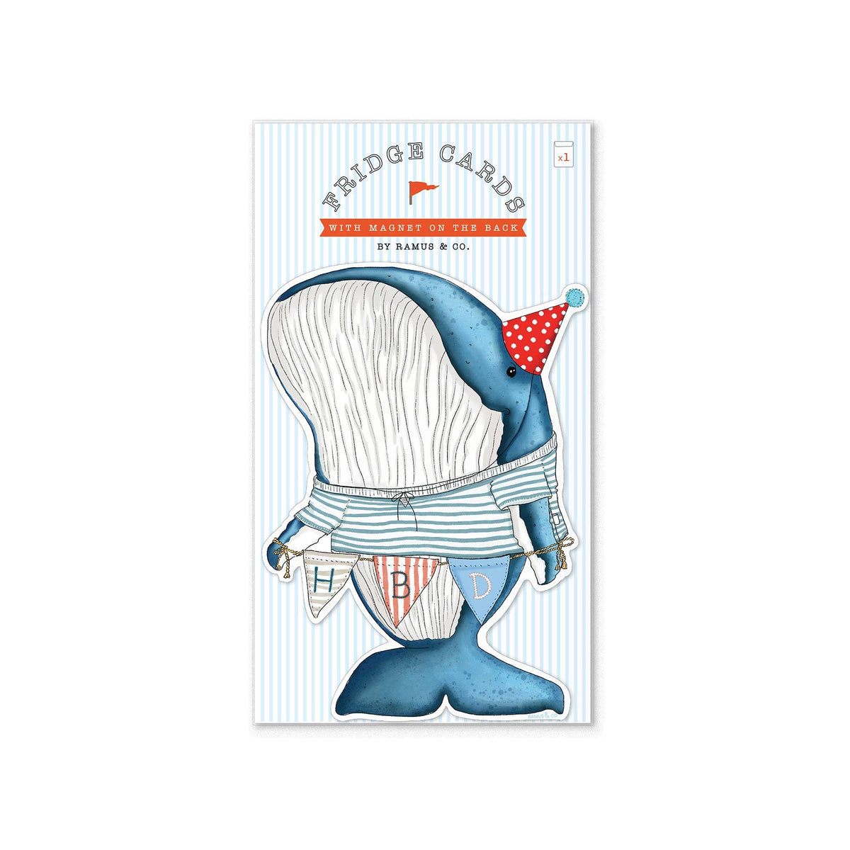 A package of Bridge Cards featuring a whimsical illustration of a blue whale dressed in a striped shirt, white bow tie, and a red polka-dot party hat, with the text 'Bridge Cards' and 'by Names & Co.' on a white and light blue striped background.