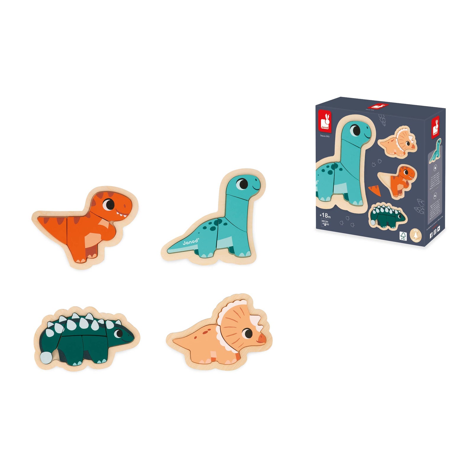 Set of dinosaur-shaped wooden toys with a box on a white background