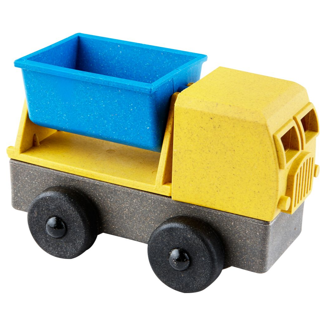 A plastic tipper truck toy with a blue bucket and yellow body on gray chassis with black wheels.