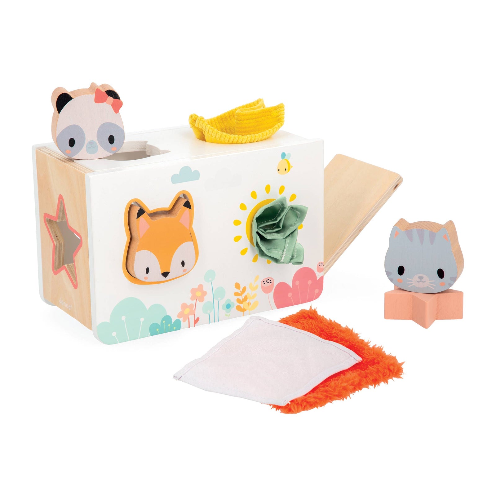 Children's toy set with animal-shaped blocks and a paper roll on a white background