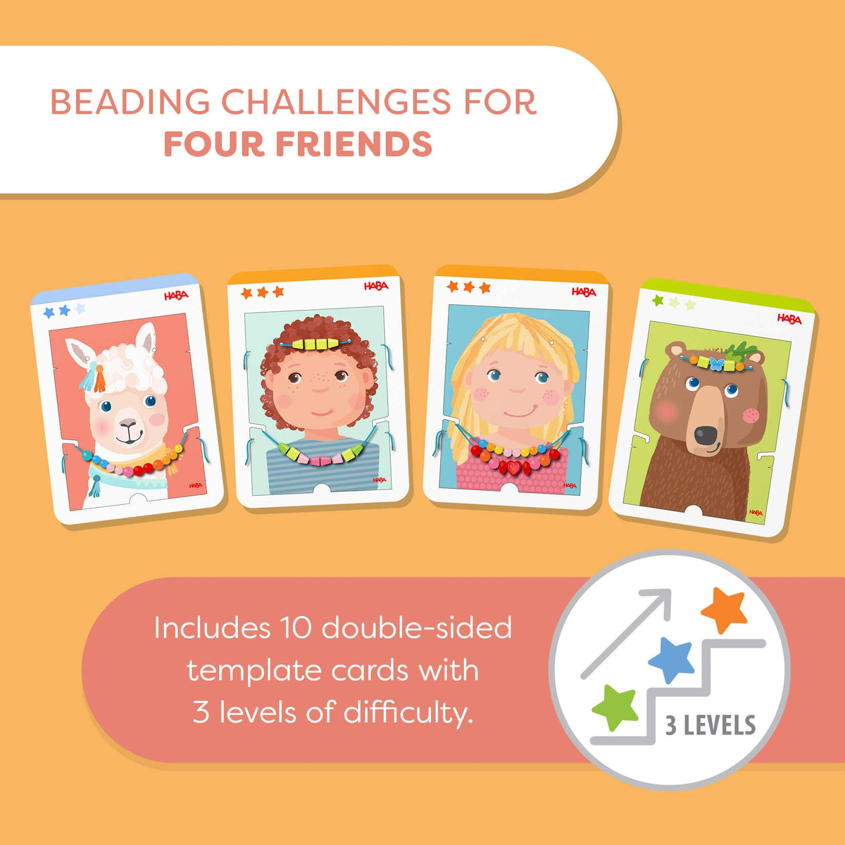 Promotional graphic for a children's beading challenge set titled 'Beading Challenges for Four Friends,' showing four illustrated card faces with llama, child, girl, and bear characters, plus text stating it includes 10 double-sided template cards with 3 levels of difficulty.