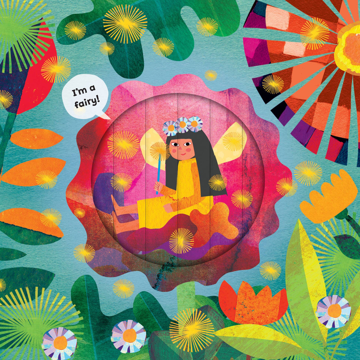 Colorful illustration of a fairy surrounded by flowers and leaves with text.