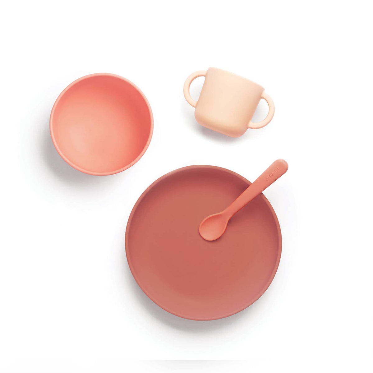 silicone tableware set with bowl, mug, and spoon on a white background