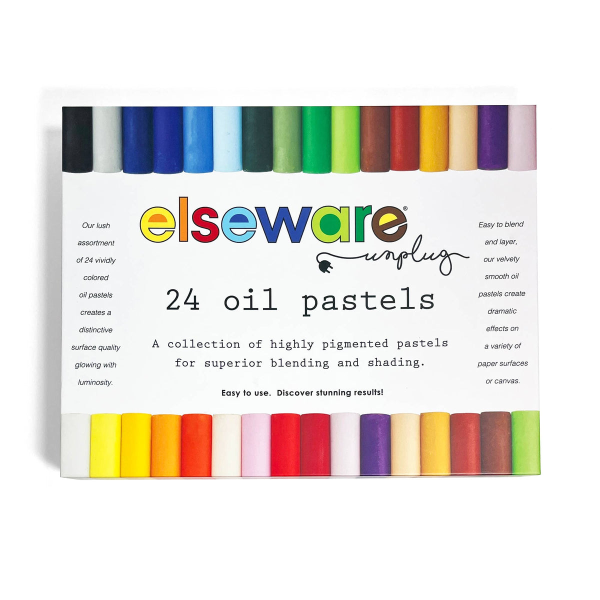 Packaging of elseware oil pastels with colorful pastel bars on a white background