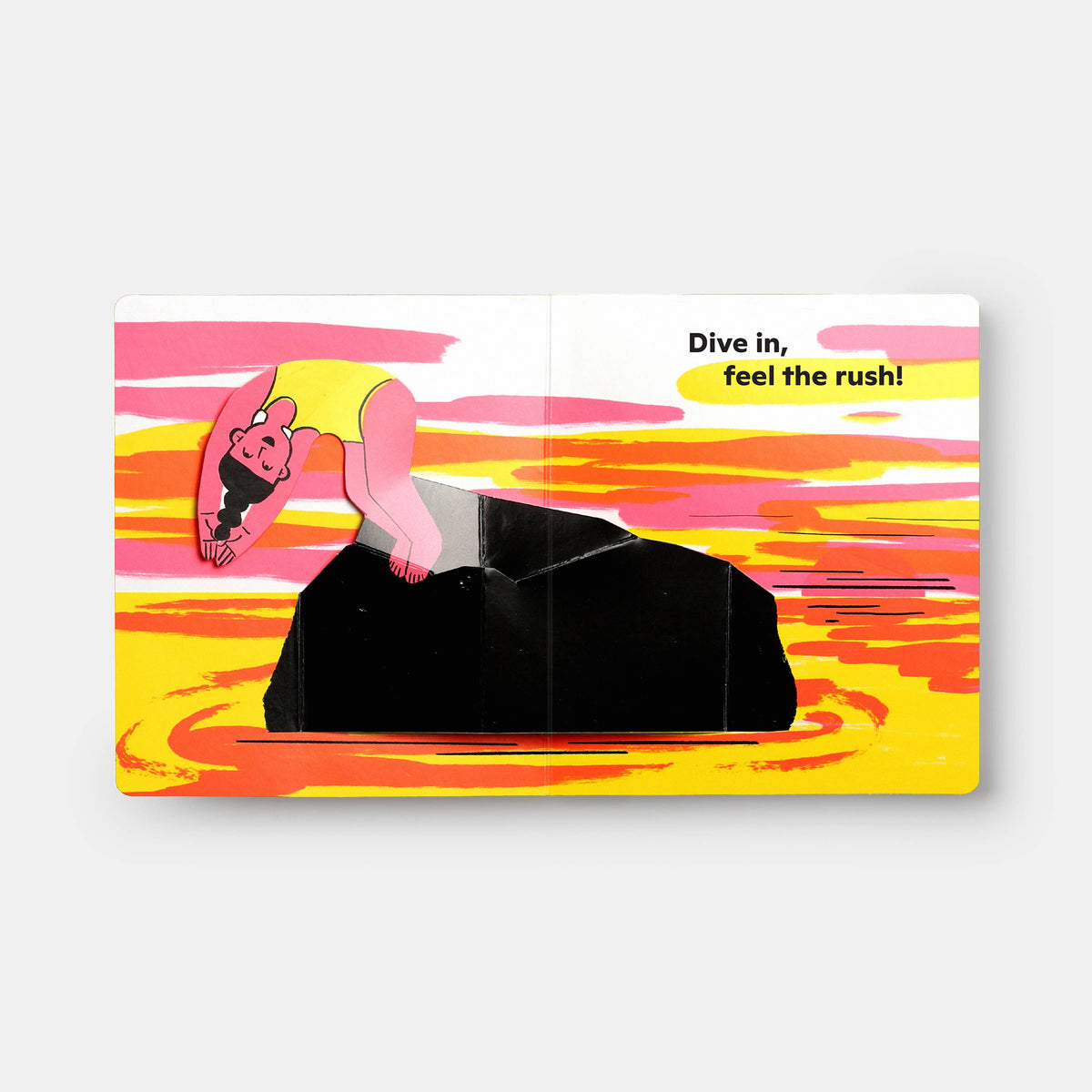 Colorful book or magazine cover with a person diving into water and text 'Dive in, feel the rush!' on a white background.