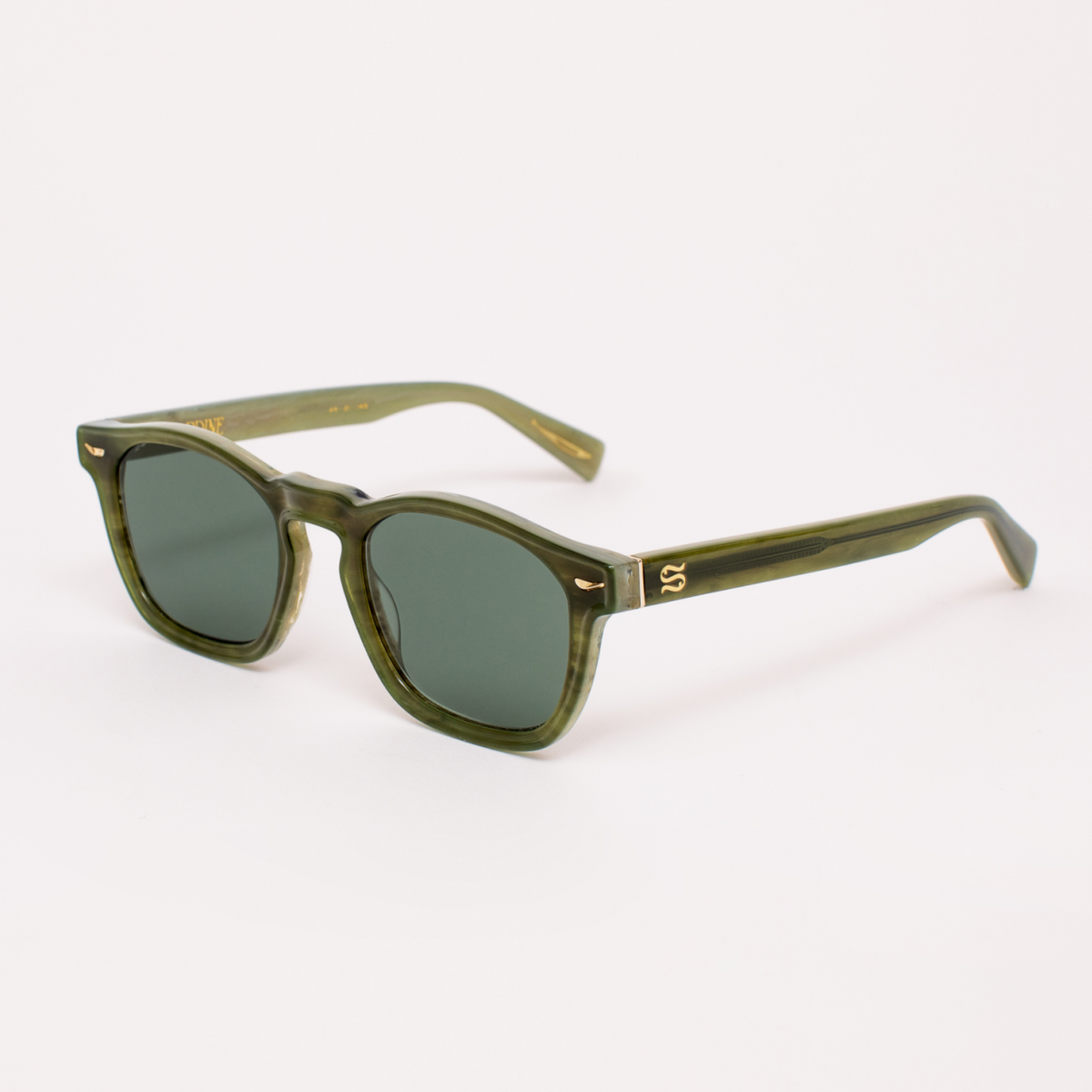 Green sunglasses with a brand logo on a white background
