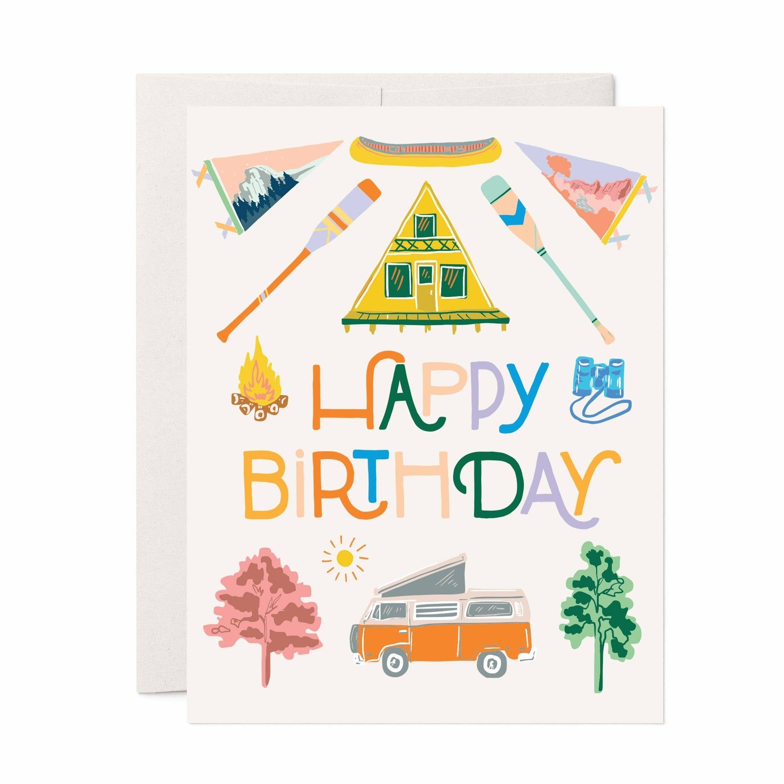 Birthday card with camping-themed illustrations and 'Happy Birthday' text.