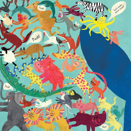 Colorful illustration of various animals around a whale's tail on a blue background