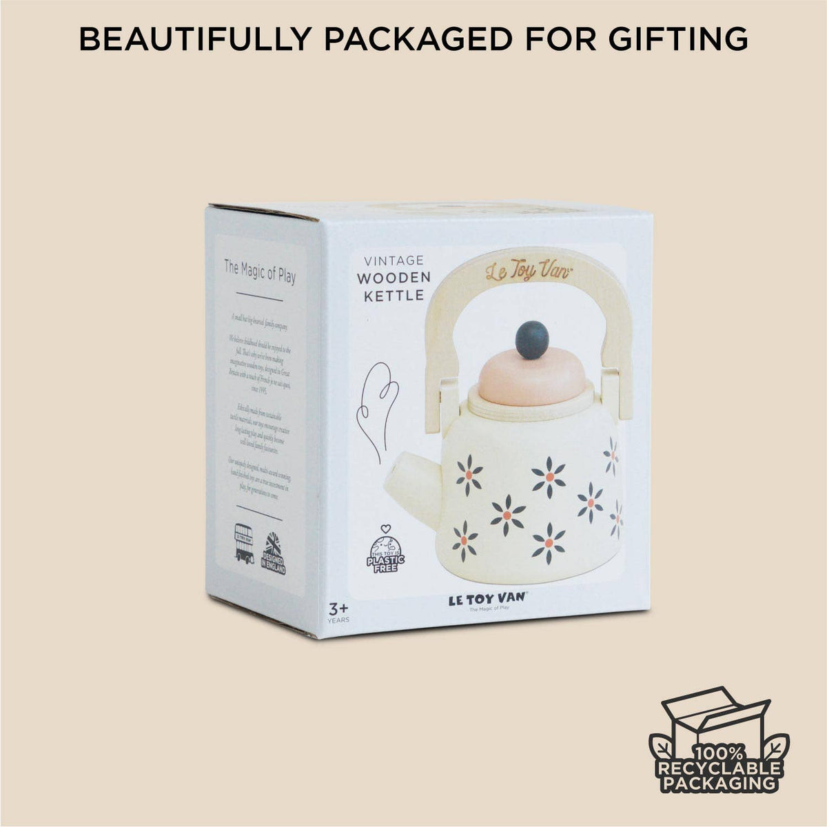 Boxed vintage wooden kettle toy with 'La Toy Van' branding on a beige background
