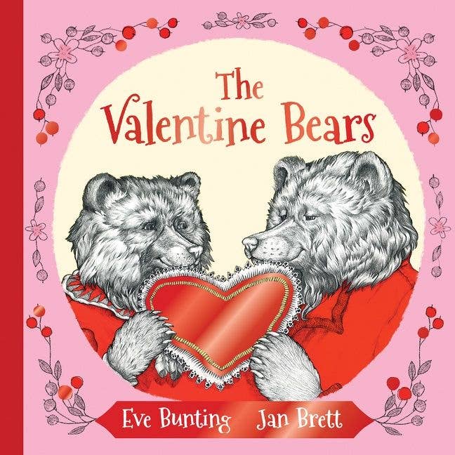 Book cover of 'The Valentine Bears' with two bears holding a heart on a pink background.