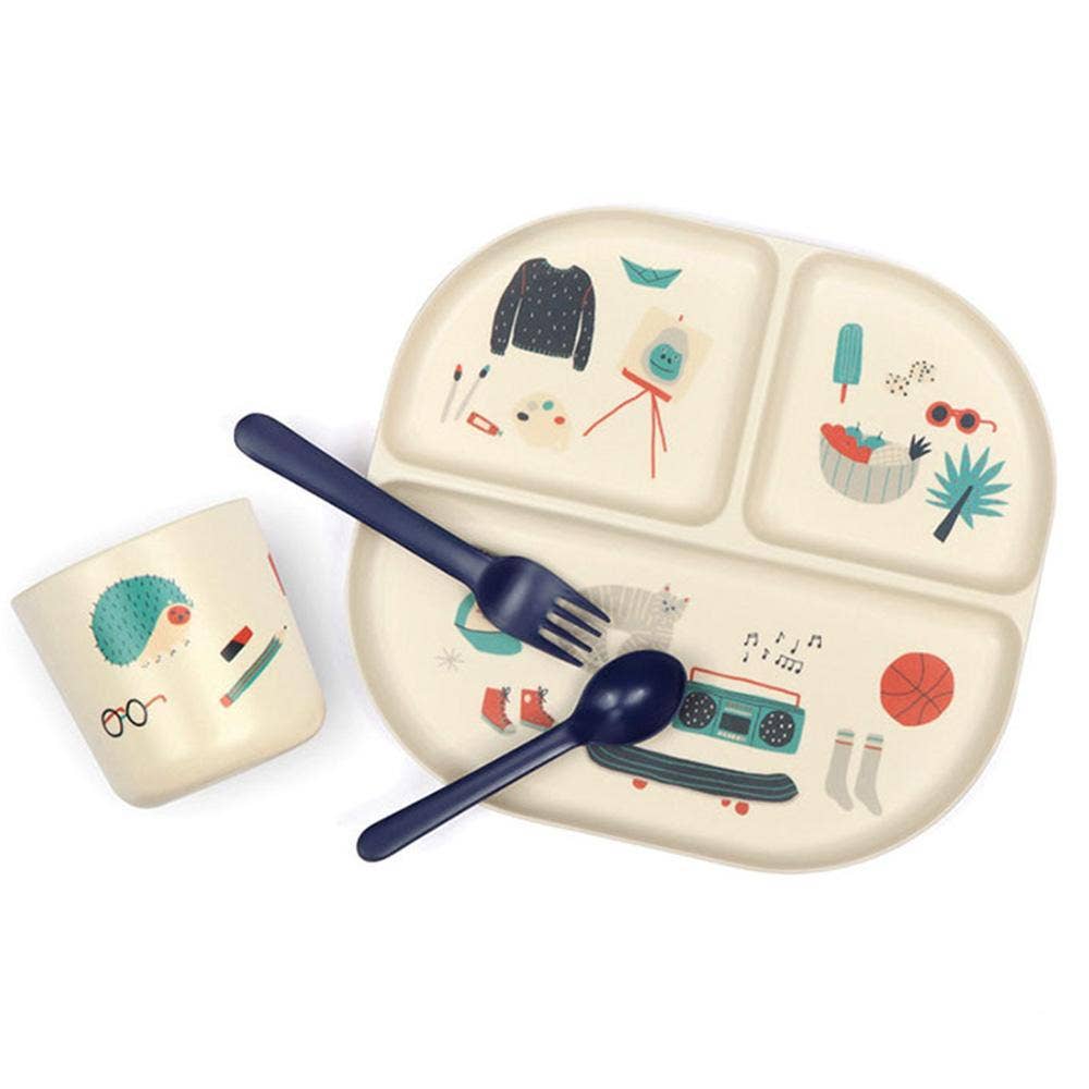 Children's plate with compartments, fork, and spoon on a white background