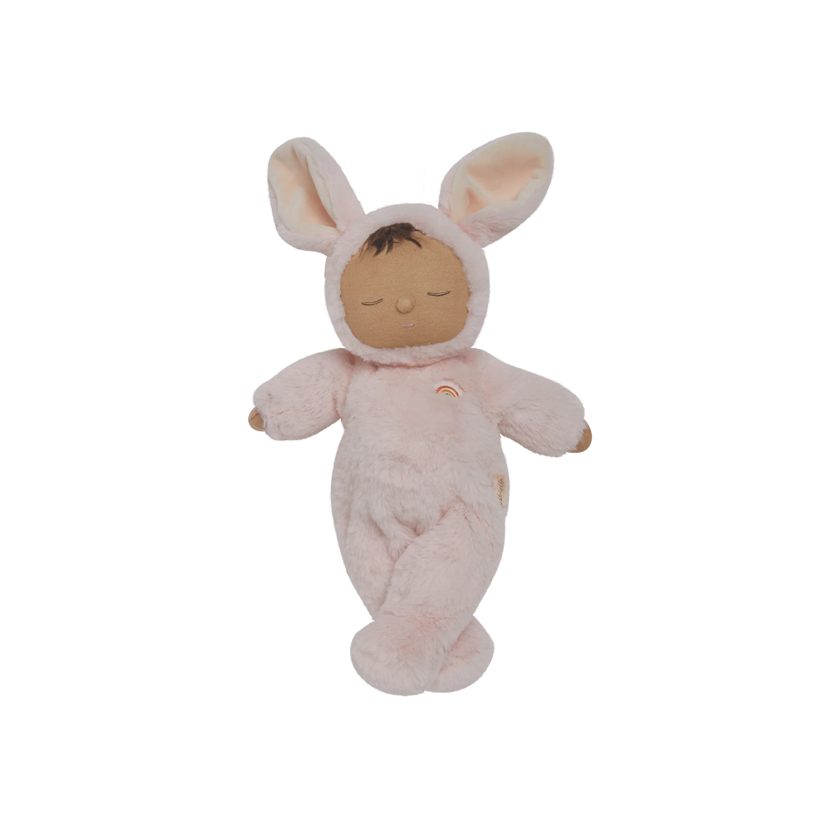 Plush toy resembling a baby in a bunny costume on a white background