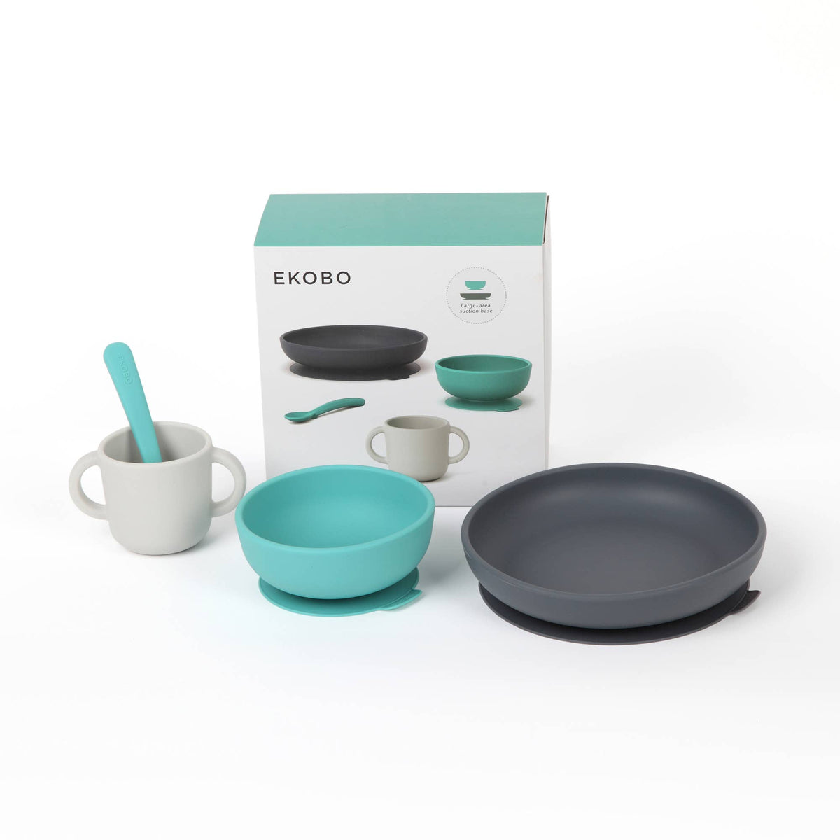 Ekobo children's tableware set with bowls, cups, and a spoon on a white background