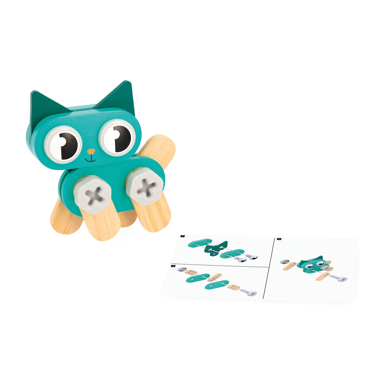 Toy packaging with colorful toy figures and tools on a white background