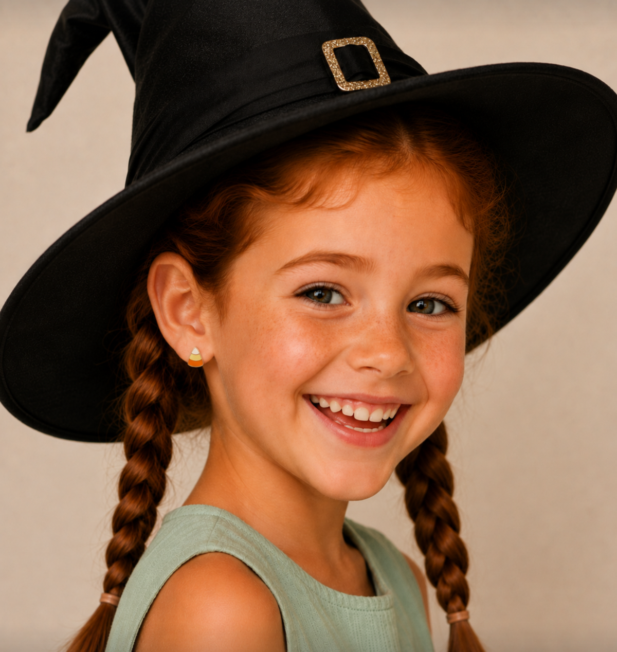 A young girl with braided hair smiling while wearing a black pointed witch hat with a gold buckle and a mint green top, set against a plain beige background.