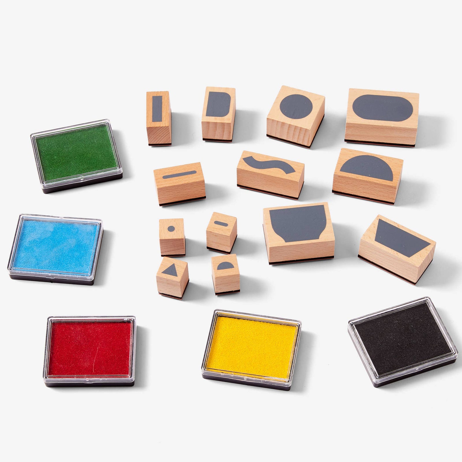 Set of colorful rubber stamps on a white background