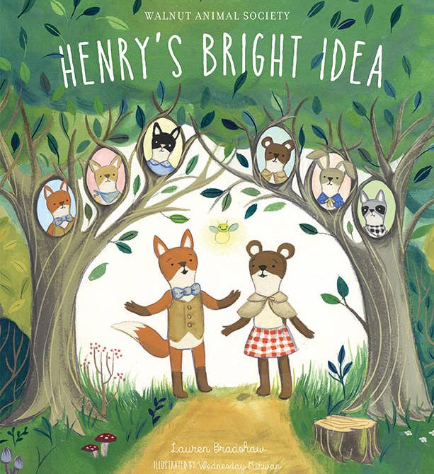 Book cover of 'Henry's Bright Idea' by Walnut Animal Society with two animal characters standing under a tree.