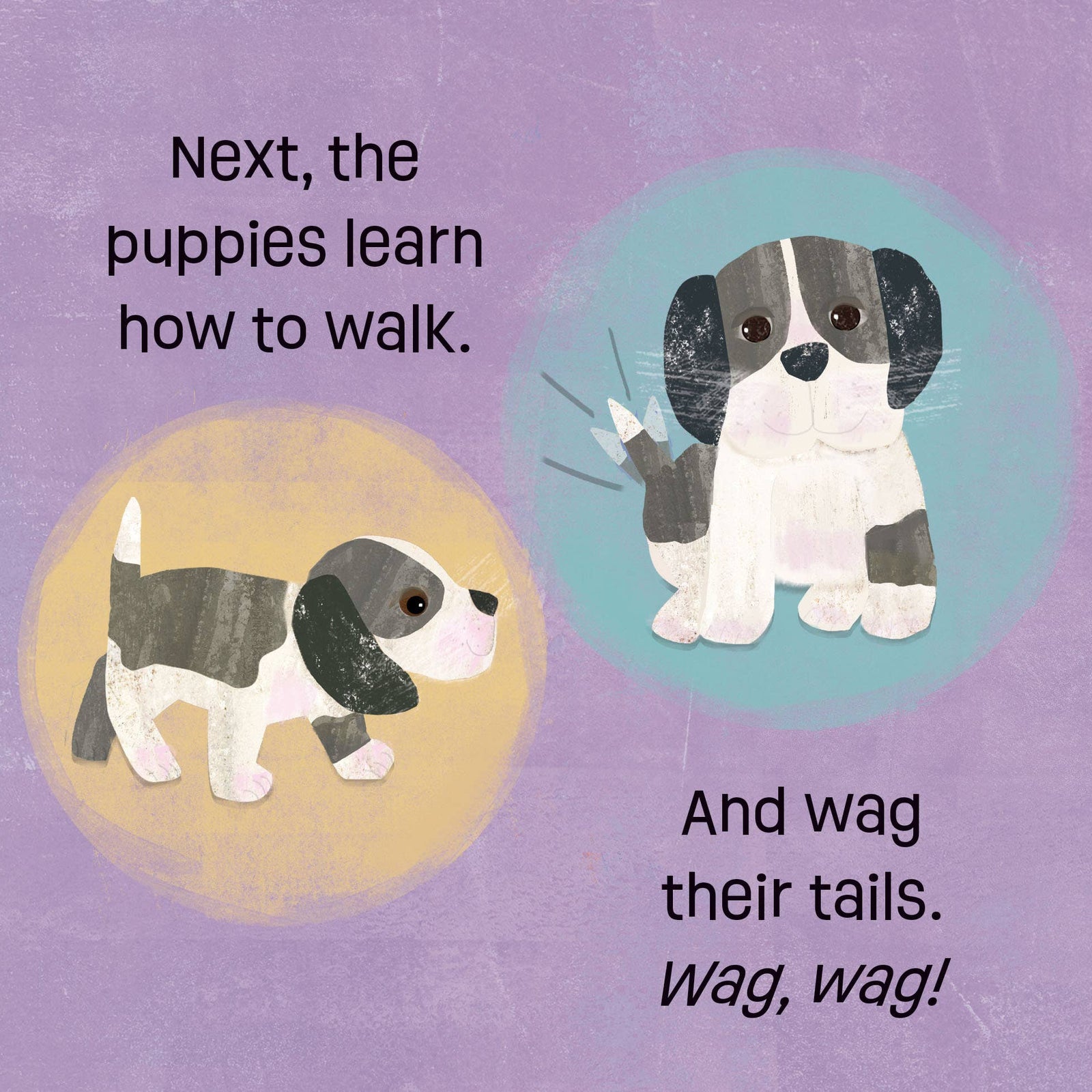 Book titled 'Puppies know & grow' with illustrations of puppies on a blue background