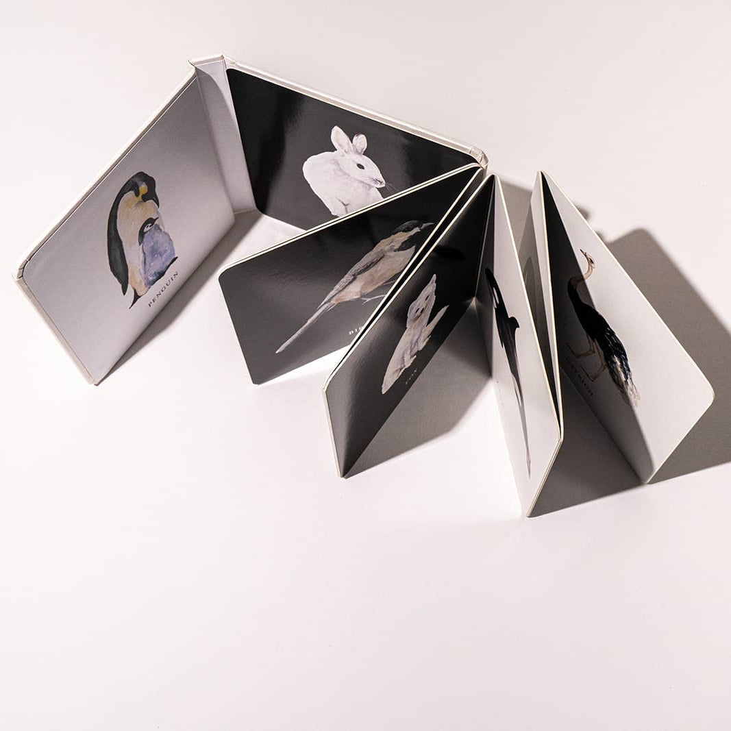 Open book with black and white illustrations on a white background