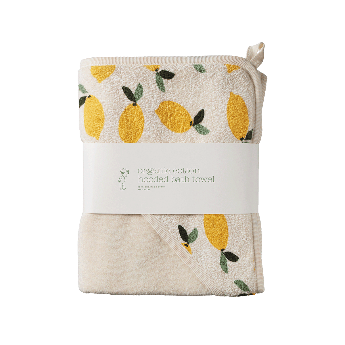 Organic cotton hooded bath towel with lemon pattern on a white background