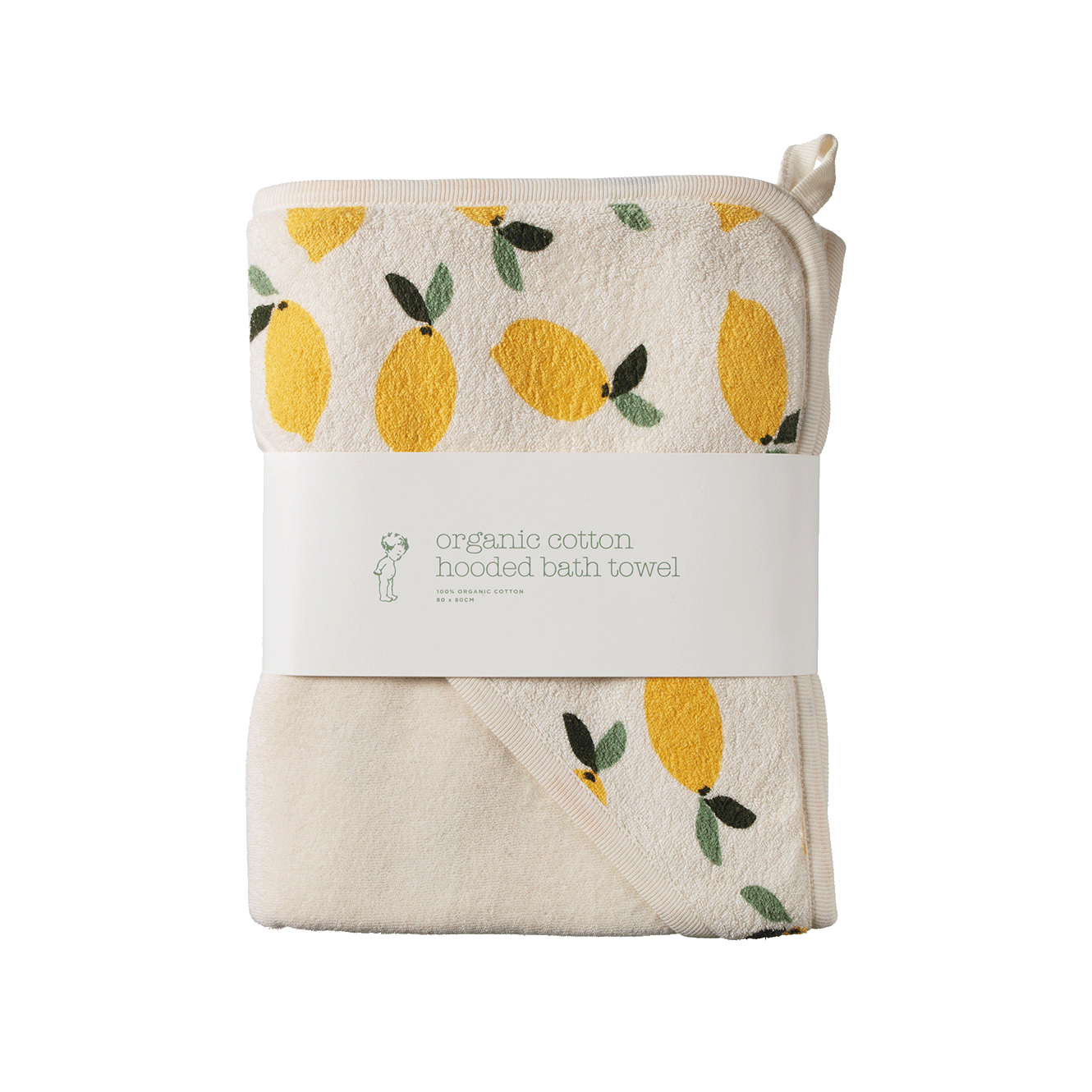 Organic cotton hooded bath towel with lemon pattern on a white background
