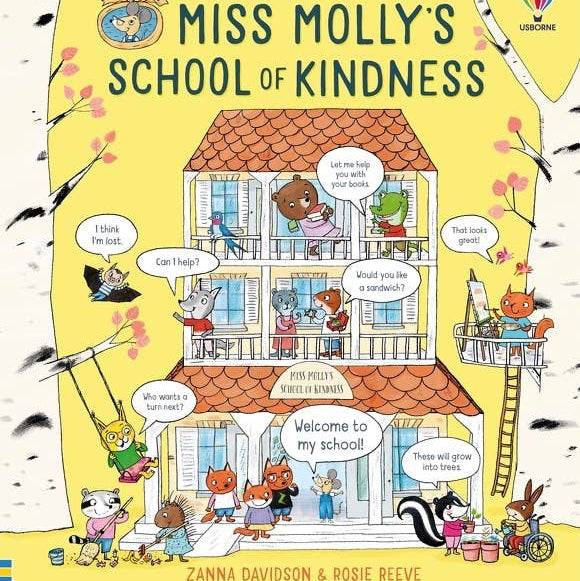 Book cover of 'Miss Molly's School of Kindness' with cartoon animals around a school building.
