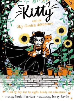 Illustrated book cover for 'Kitty and the Sky Garden Adventure' showing a black cat in a cape and goggles flying above a garden with sunflowers, potted plants, and a moon.