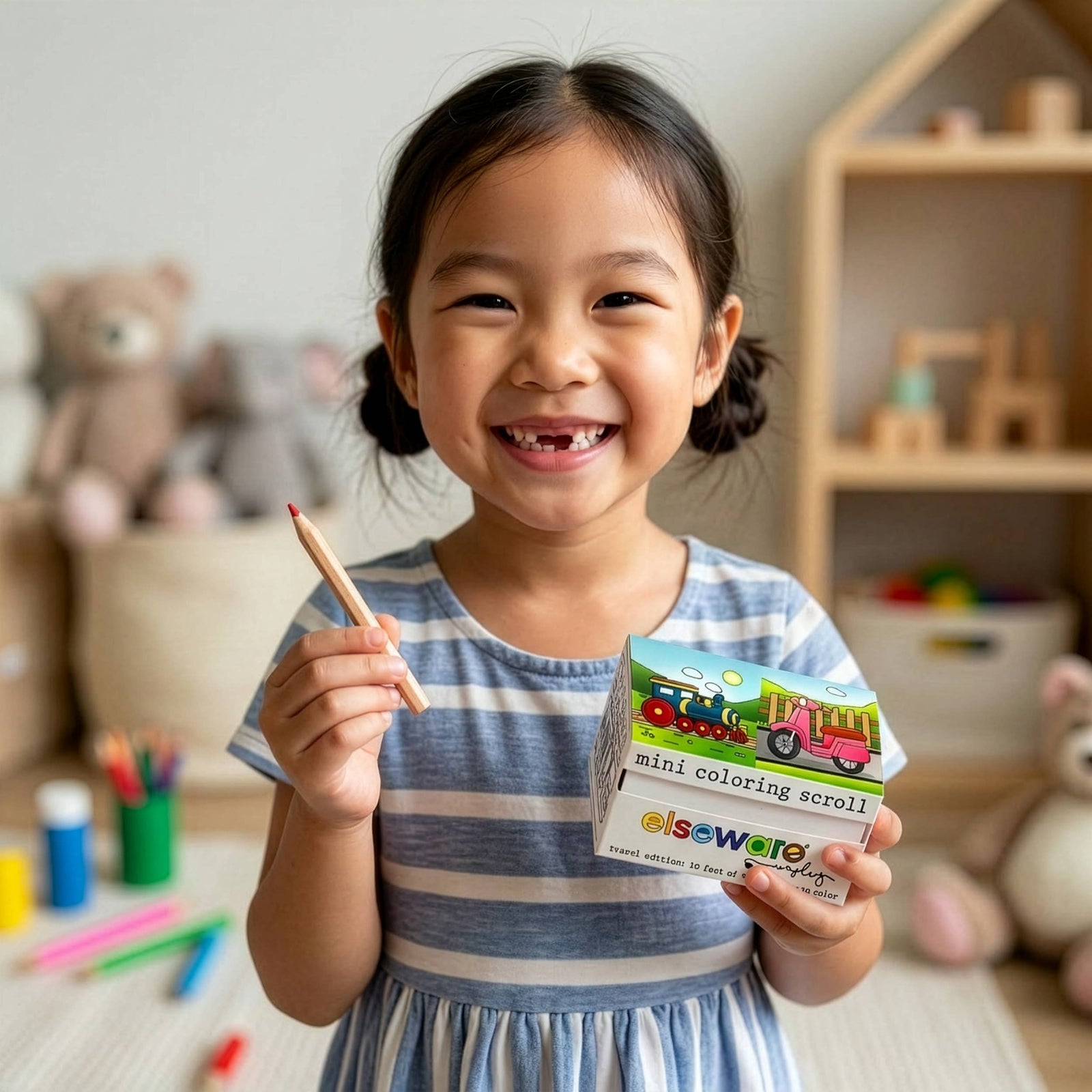 Coloring scroll set with coloring pages, pencils, and packaging on a white background