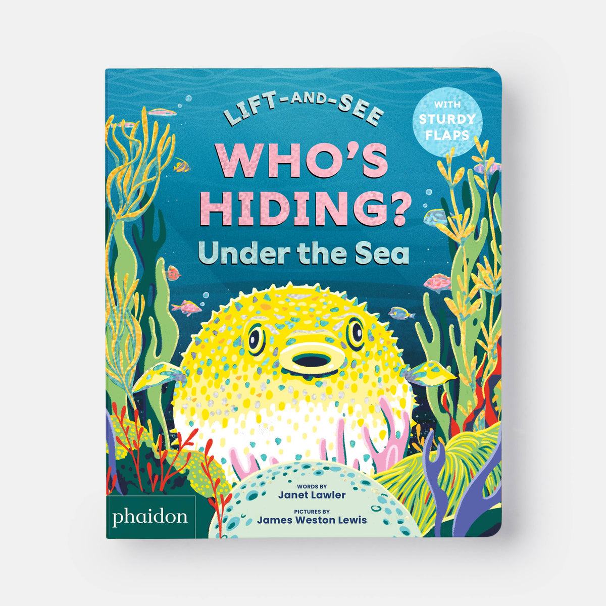Children's book titled 'Who's Hiding? Under the Sea' with a colorful cover featuring an illustration of a puffer fish and sea plants.