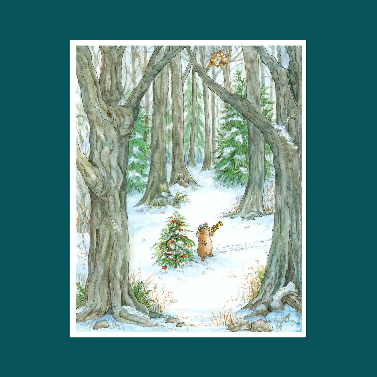 Winter scene with a bear and Christmas tree in a snowy forest