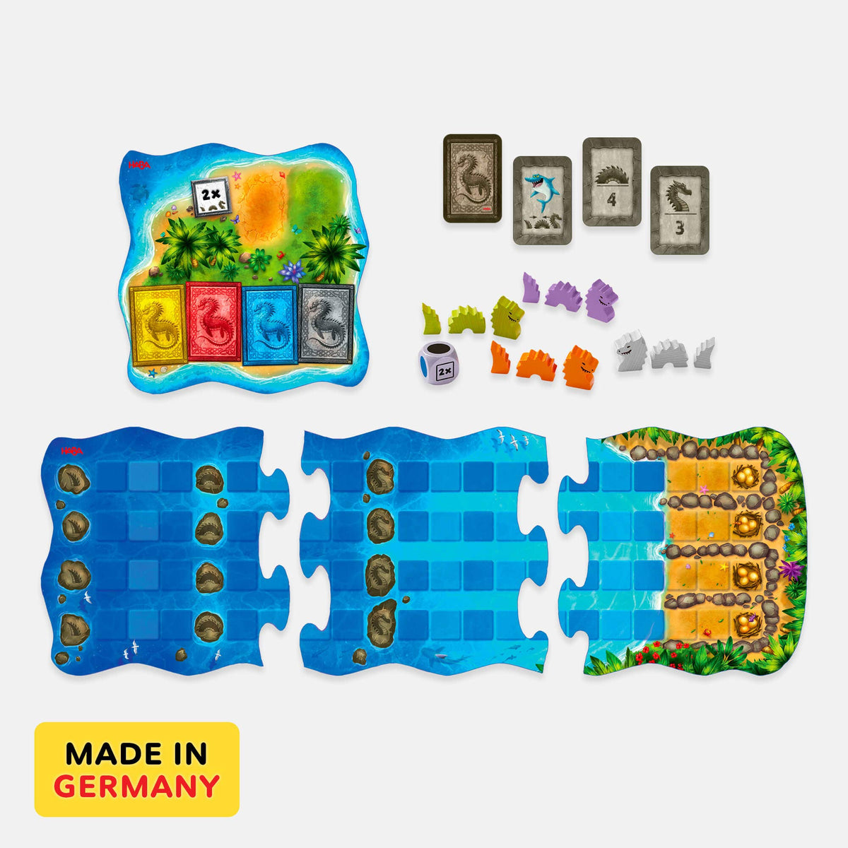 Board game components including a map, cards, and pieces on a white background with 'Made in Germany' label.